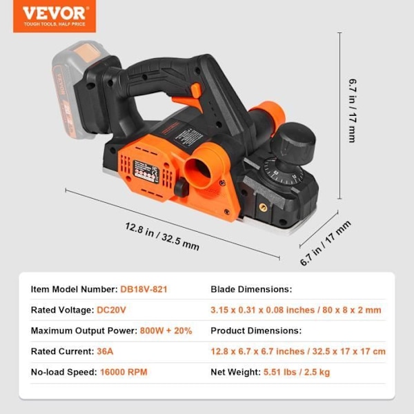 Sladdlös elektrisk hyvel - VEVOR - Klippbredd 82,55 mm, skärdjup 2 mm, 16500 rpm, Med HSS-klinga