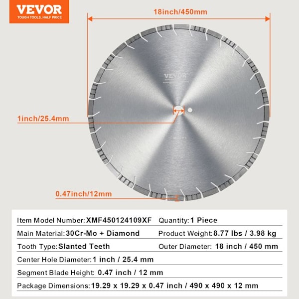 Diamantkapskiva 450 mm-VEVOR-Våt eller torr Diamantskiva Betongsågblad-för betong, kakel, tegel