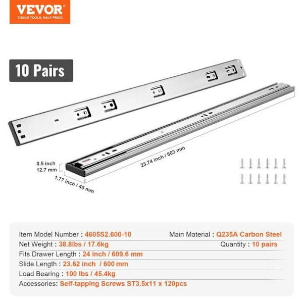 Lådslider - VEVOR - 10 par, 600 x 45 x 12,7 mm, Silent Soft Close, 45,4 kg, kolstål