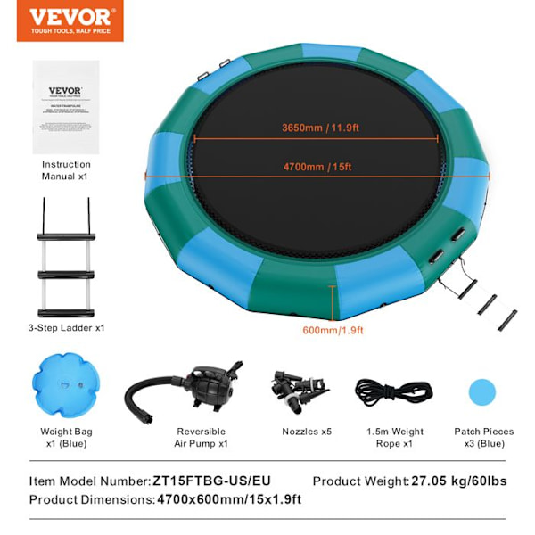 Uppblåsbar vattenstudsmatta-VEVOR-470x60 cm-Bärbar-3-stegs-Elektrisk luftpump-Barn-Simbassjö