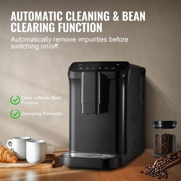 Automatisk espressomaskin-VEVOR-1,5 L-20 bar espressobryggare med mjölkskummare ångmunstycke-15 malningsinställningar