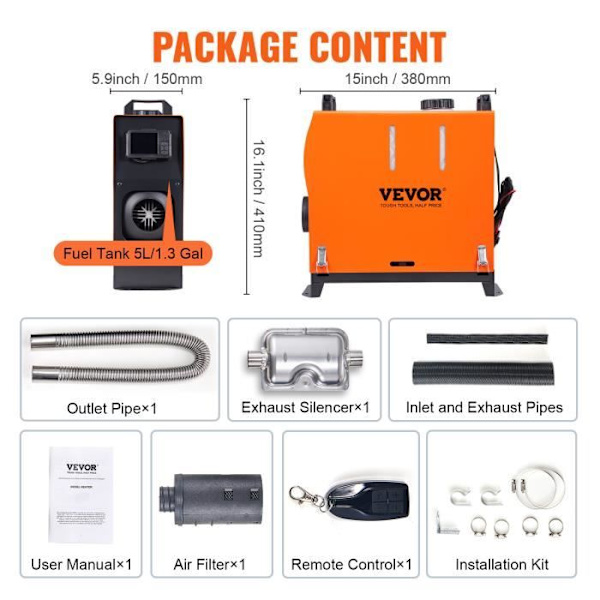 Dieselvärmare - VEVOR - 12V 8kW 0,16-0,62L-h Luftvärmaren Allt-i-ett Bluetooth APP LCD Bil