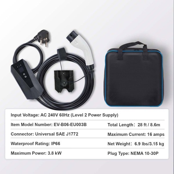 Bärbar elbilsladdare - VEVOR - Kabel typ 2 8,6m 16A 3,7kW 230V