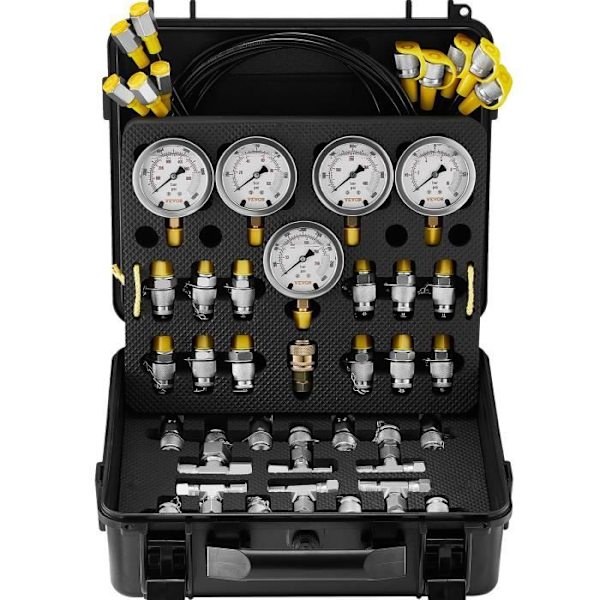Hydrauliskt trycktestsats-VEVOR-10-100-250-400-600 bar, 5 tryckmätare, 13 kopplingar, 14 T-anslutningar, 5 slangar
