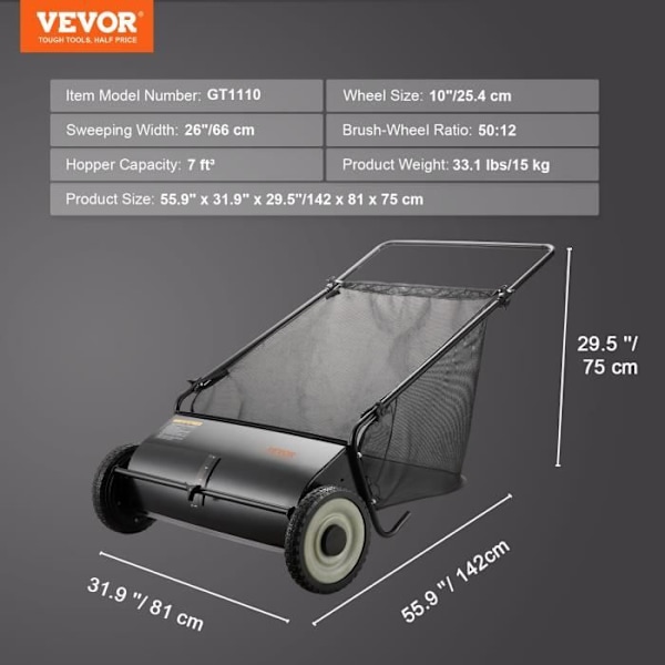 Grässopmaskin - VEVOR - 142 x 81 x 75 cm, med uppsamlingspåse, sopbredd 66 cm, magasinkapacitet 198 L
