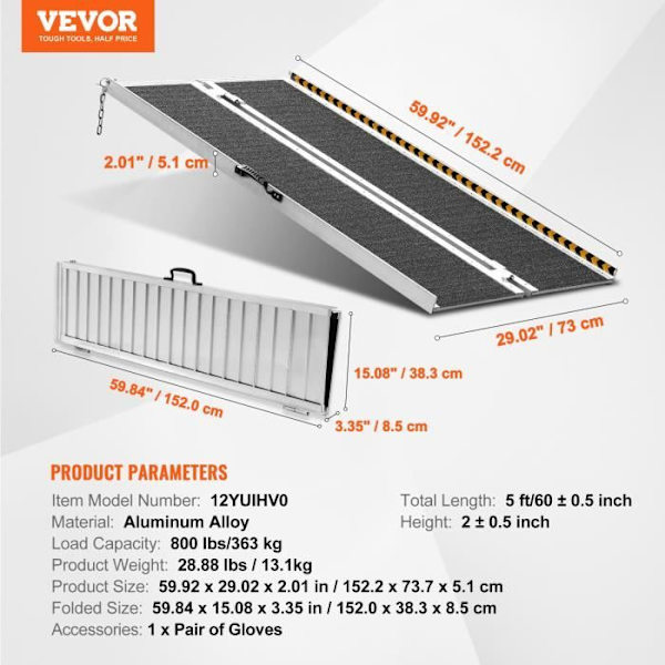 Fällbar ramp - VEVOR - 60 x 29 x 2 tum, bärbar viktröskel, aluminiumlegering, för skoter, funktionshindrade, trappsteg