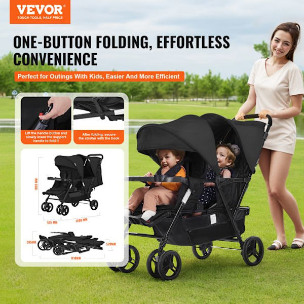 Dubbel vagn-VEVOR-tandemsits, ryggstöd, justerbart fotstöd, wraparound säkerhetssele-nyfödd, toddler-svart