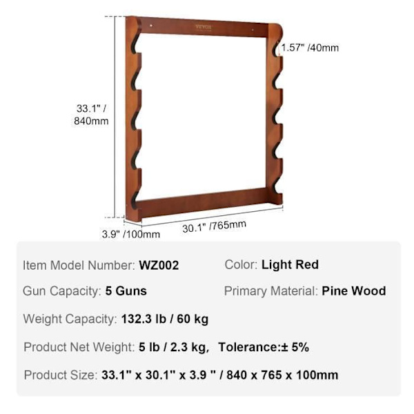 Vapenställ - VEVOR - 840 x 765 x 100 mm, 5 spår Väggfäste, Lastkapacitet 60 kg, ljusröd