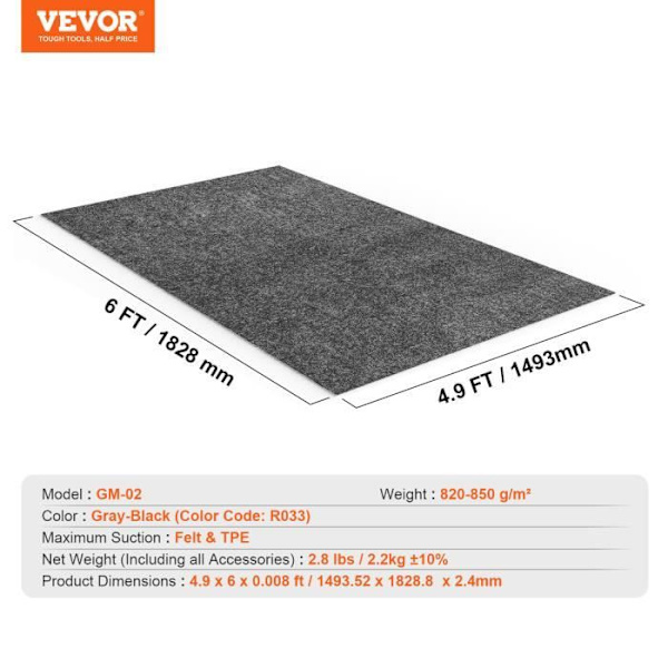 Garagematta-VEVOR-Grå-Svart1493.52x1828.8x2.4mm Filt & TPE-Anti-läckage TPE-underlag Lätt att rengöra Skär till i storlek, olika användningsområden