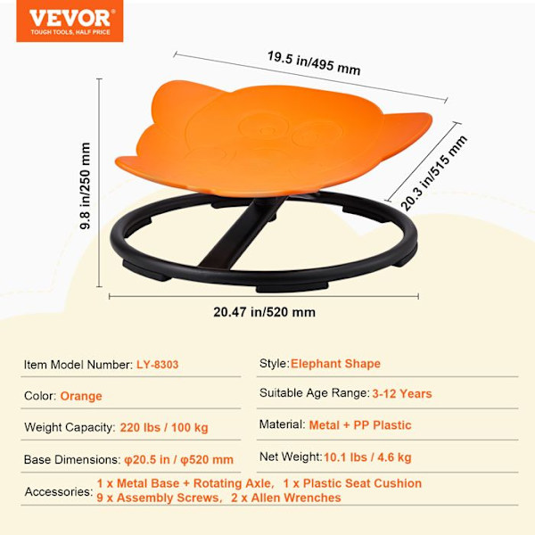 Elephant Swivel Chair för barn-VEVOR-Belastning 100 kg-med halkfri metallbas, för koordination-orange