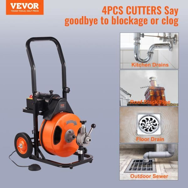Electric Pipe Unblocker - VEVOR - Auto Power Pipe Cleaning Machine 30 m x 9,5 mm