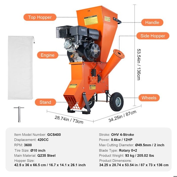 Flishuggare Robust bensinmotor 8,6 kW-VEVOR-87x73x136 cm-för skogsbruk, trädgårdar, landskapsarkitektur