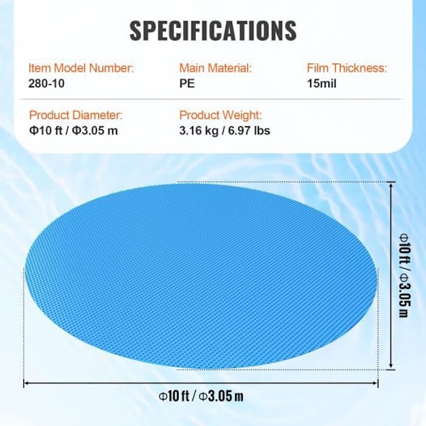 Runt solskydd - VEVOR - Solskydd för simbassängpresenning Φ 3,05 m över grävd mark 0,38 mm, för uppvärmning av vatten, Blå