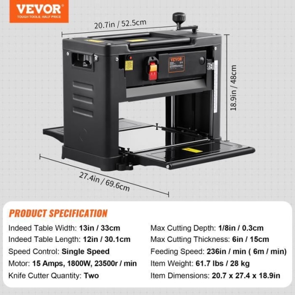 1800W Hyvelfog Trä Två blad - VEVOR - 15A 23500 rpm 30,1x33cm