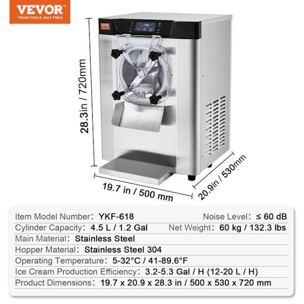 Kommersiell glassmaskin Yield-VEVOR-12 L-h, Glassturbin 1295 W Unik smak-automatisk kylning, för mellanmål