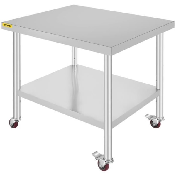 Arbetsbord i rostfritt stål - VEVOR - Förberedelsebord 91x76x86 cm - med 4 hjul 2 hyllplan - Storkök.