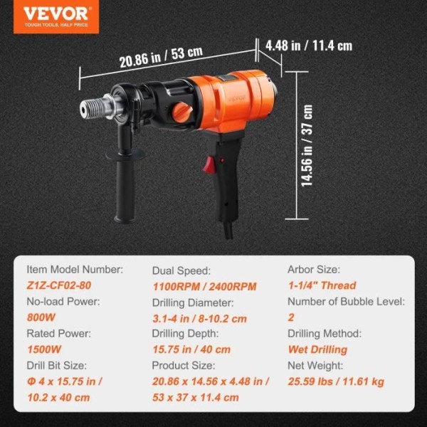 Diamantkärnborr - VEVOR - Diamantborr Bärbar diamantborr Max. 102x400mm 1500W