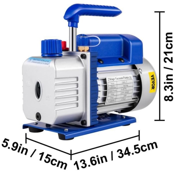 Vakuumpump 9 CFM - VEVOR - 2 steg 1 HP - Luftkonditionering Kylning Roterande ångavbubbling Blå och Silver