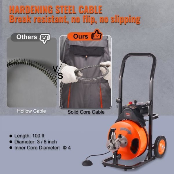Electric Pipe Unblocker - VEVOR - Auto Power Pipe Cleaning Machine 30 m x 9,5 mm