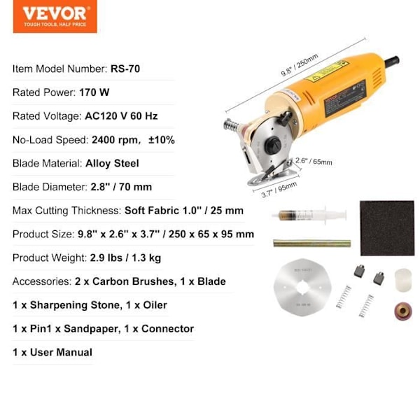 Elektrisk sömnad sax-VEVOR-170 W Elektrisk roterande tygskärare Skärtjocklek 27 mm-för textilklippande kock