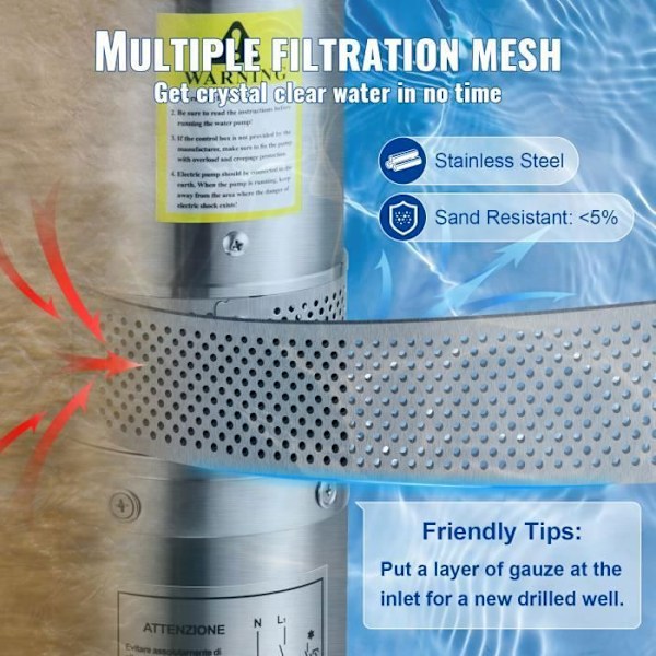 VEVOR 370 W dränkbar djupbrunnspump - Maximalt flöde 110 l/min - Maximalt tryckhöjd 44 m