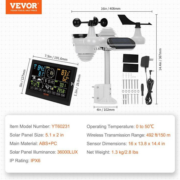 Solväderstation - VEVOR - 7 i 1 trådlös väderstation 7,5" stor skärm - för inomhus utomhus