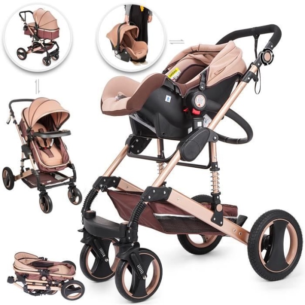 Barnvagn - VEVOR - 3 i 1 lyxig hopfällbar barnvagn med bilbarnstol - Anti-chock