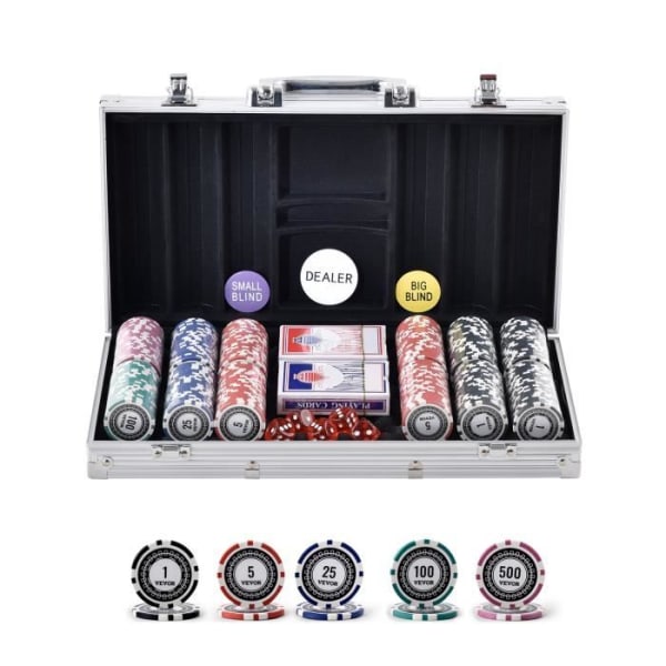 Komplett Ultimate Poker Kit - VEVOR - 300 marker - Tokens mått: 40 x 3,3 mm - PS plast + järn - Hemmakasino