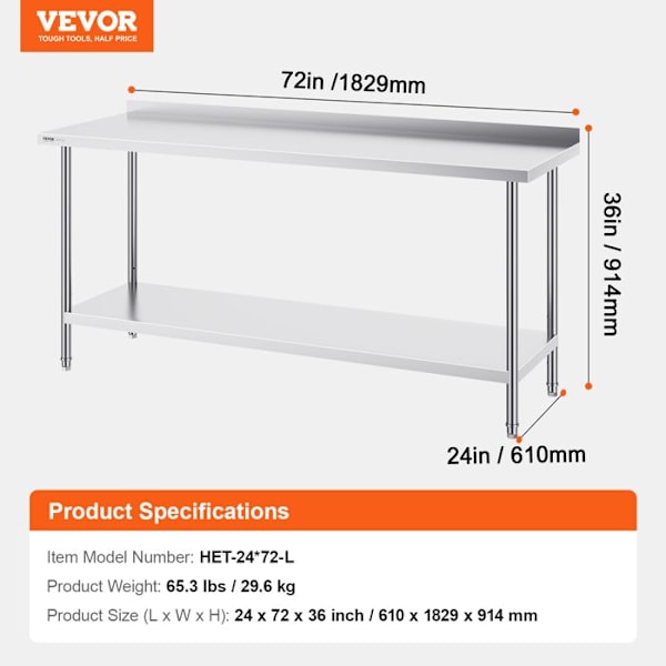 Köksbord i rostfritt stål-VEVOR-61x182,9x91,4 cm-2 Nivåer-Höjden Justerbar Hylla-Kök Restaurang Bar Hotell Hem