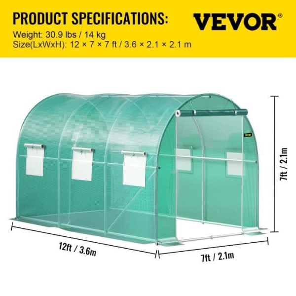 Tunnel Trädgårdsväxthus - VEVOR - Tunnelväxthus Galvaniserad ram Vattentät täckväxter 3,7x2,1x2,1 m Grön