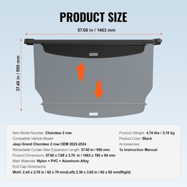 Glidande bagageskydd-VEVOR-UV-skydd för bakre facket, gjord av aluminiumlegering och PVC