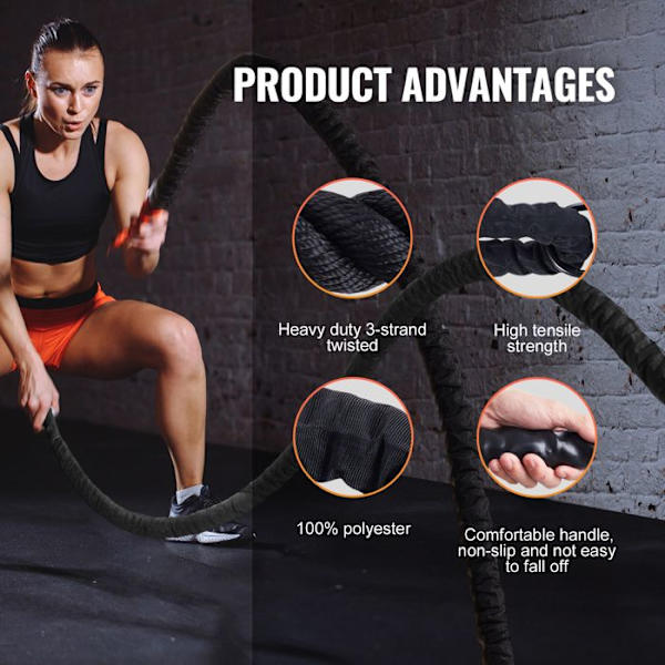 Combat Rope-VEVOR-38 mm-Polyester Training Rope- för kärnstyrketräning, hemmagym