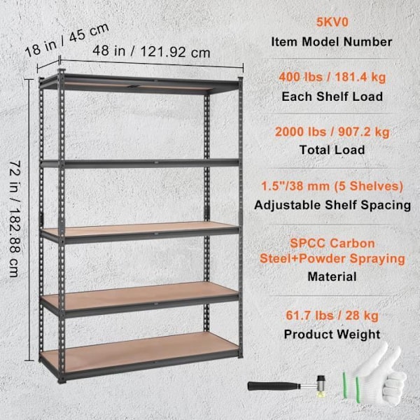 Förvaringshylla - VEVOR - 48"x18"x72", 5 våningar, total belastning 2000 lbs, för köksverkstad källare badrum tvättstuga