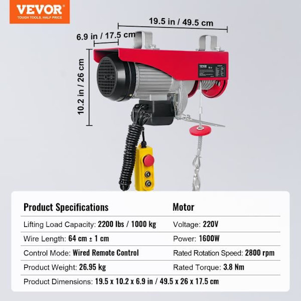 Elektrisk vinsch 1000 KG - VEVOR - PAYX1000-2 - 160 W - 4 m trådbunden fjärrkontroll