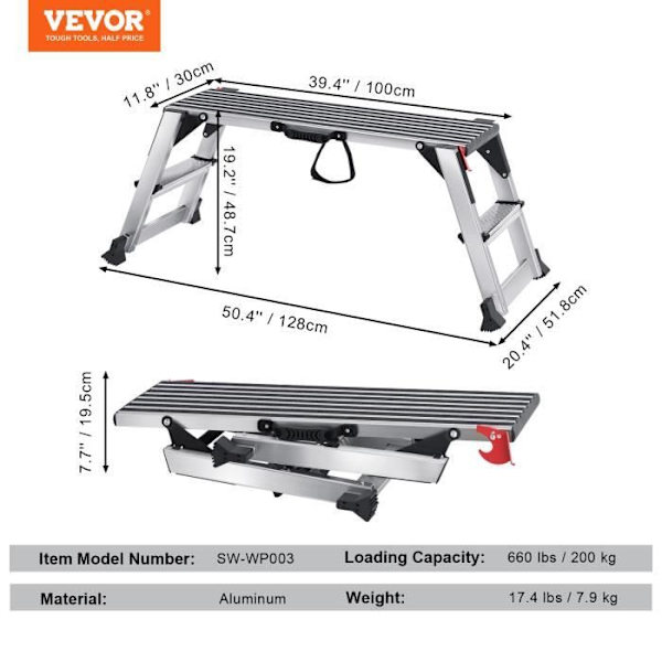 Arbetsplattform - VEVOR - Fällbar Aluminium Steg Stege Aluminium Fällbar Arbetsbänk Stege 200 kg Halkfri
