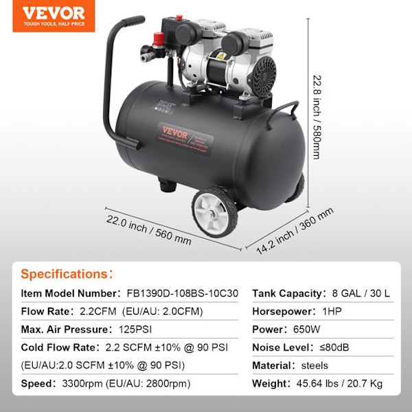 Oljefri luftkompressor - VEVOR - 30 L ståltank - 650 W - för bilreparation, däckpumpning, spraymålning