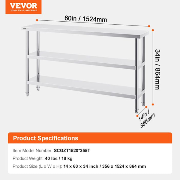 Förberedelsebord i rostfritt stål - VEVOR - 356 x 1524 x 864 mm - för kulinarisk, hushålls- och nyttig användning