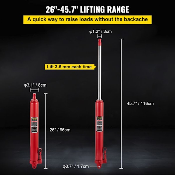 Lång hydraulcylinder för verkstadskran 3 T-VEVOR-Hydraulstång för getlyftmotor, bilunderhåll-röd