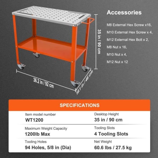 Mobilt svetsbord - 91,4x45,7 cm Lastkapacitet 544kg​ 4 fästhål för 1,6 cm verktygsspår