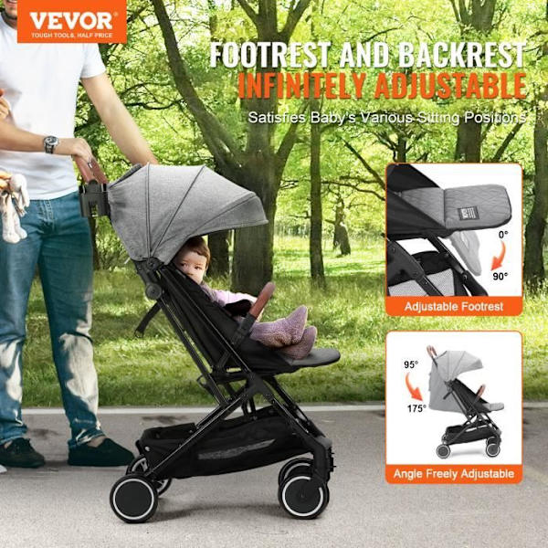 Barnvagn - VEVOR - Justerbar nyfödd barnvagn med ett klick mörkgrå 710 x 440 x 1070 mm