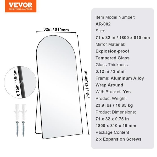 Hellängd välvd spegel-VEVOR-1800x810 mm, stor vägghängande golvspegel av härdat glas med stativ för vardagsrum, svart