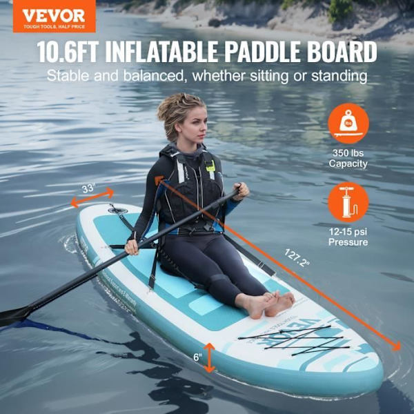Uppblåsbar paddel - VEVOR - Uppblåsbar paddel Stand Up SUP Paddle Board 323 cm med sitstillbehör, 3230 × 838 × 152 mm