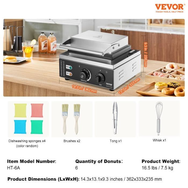 Våffelmaskin - VEVOR - Elektrisk munkmaskin non-stick munkmaskin 6 st 1550 B 362 x 333 x 235 mm