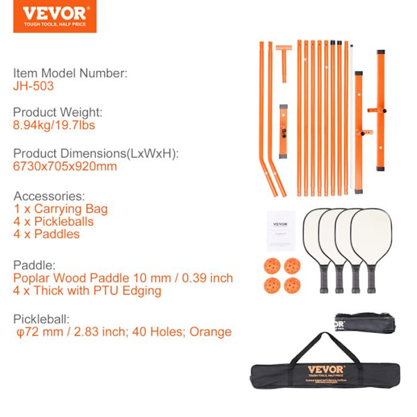 Bärbart Pickleball-nätsystem - VEVOR - Reglerstorlek Nät 673 cm - med väska, bollar, racketar