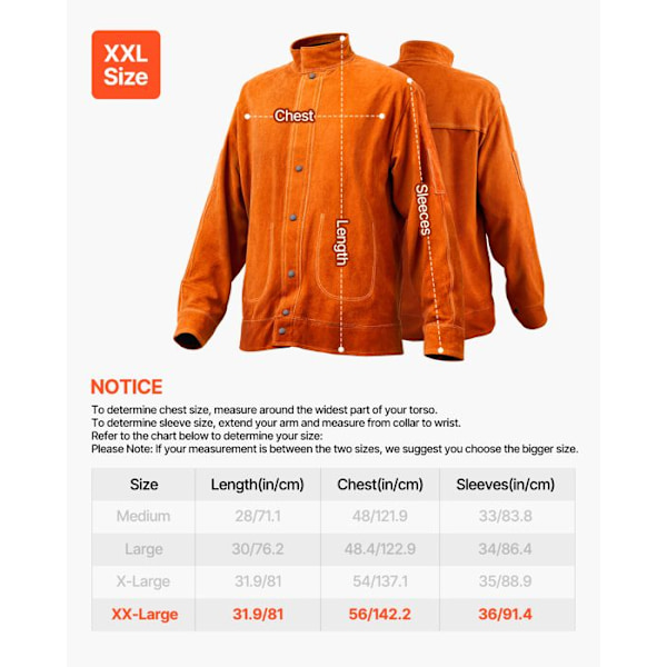 Brand skyddande jacka - VEVOR - Storlek XXL - Robust ko läder skyddsmantel - med tryckknapp. Brun Gul XXL