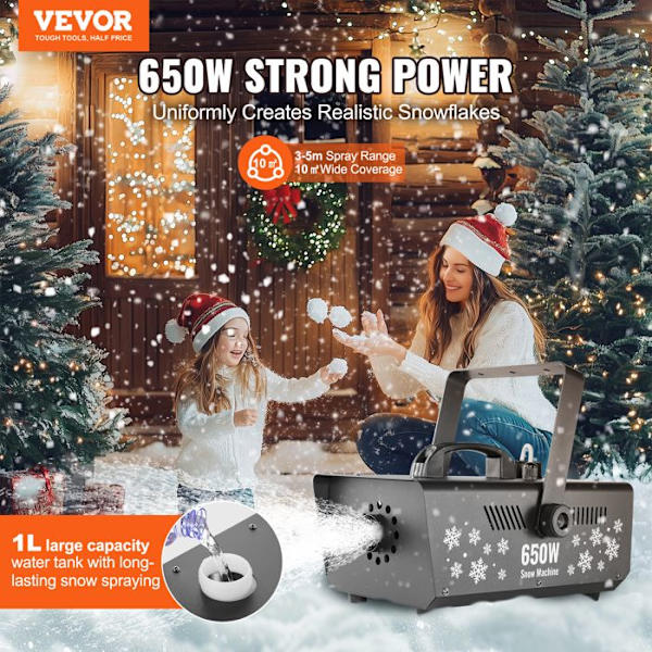 Snömaskin-VEVOR-650 W-Fjärrstyrd hängande bärbar konstgjord snöflingamaskin med 1L tank
