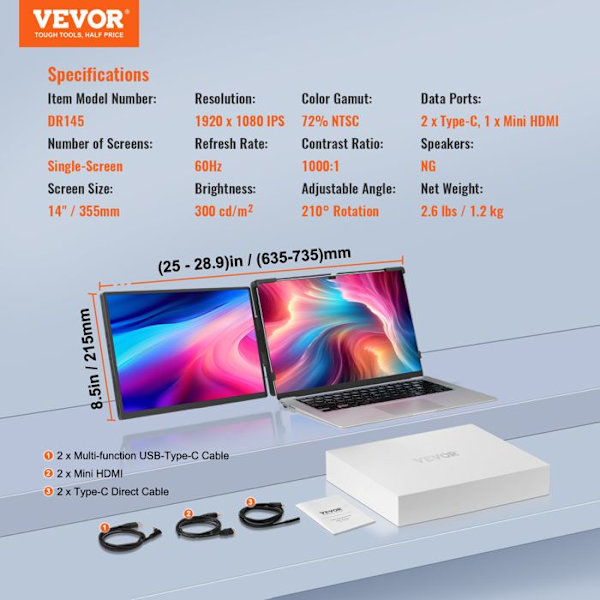 14" HD-portabel bildskärm-VEVOR-enkel vridbar skärm, USB-C/USB-A/Mini HDMI-port, kompatibel med Mac/Wins/Android/Switch/PS5
