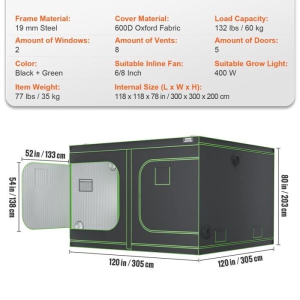 Odlingstält -VEVOR- 300x300x200cm,svart + grönt,Med observationsfönster, verktygslåda och inre golvbricka