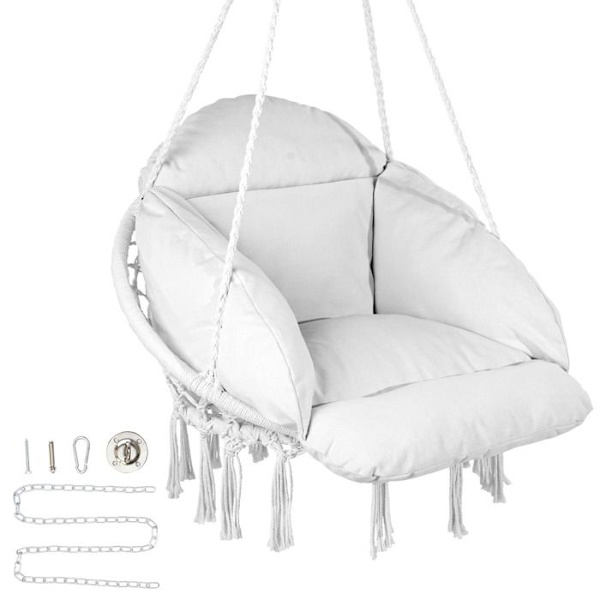 Hängfåtölj-VEVOR-Macramé Swivel Hängstol, Dyna-för sovrum, Terrass, Trädgård, Inomhus, Utomhus-Vit