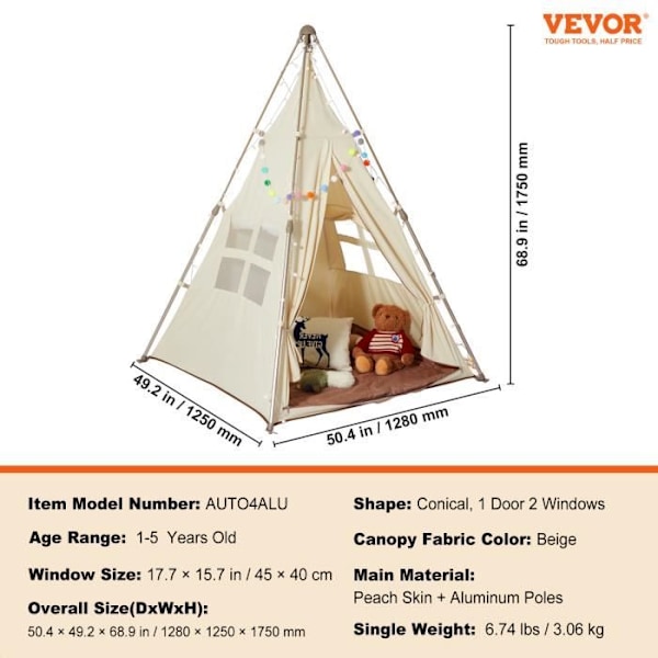 Barntält - VEVOR - 128 x 125 x 175 cm Lektält för barn Vikbart tipitält för småbarn Matväska,beige